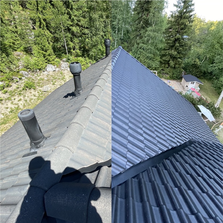 Musta tiilikatto maalattu uudestaan metsän reunassa Pirkanmaalla - ennen jälkeen kuva - Tiilikaton pinnoitus Värixi