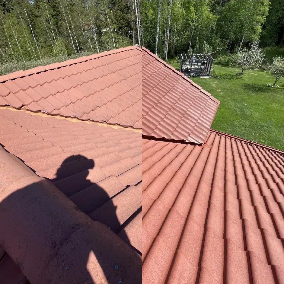Punainen tiilikatto maalattu uudestaan kesäisessä maisemassa Pirkanmaalla - ennen jälkeen kuva - Tiilikaton pinnoitus Värixi